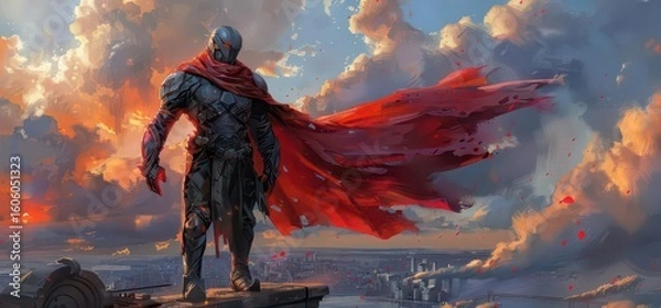 Fototapeta A heroic figure in a dramatic landscape, wearing a cloak and armor, overlooking a cityscape.