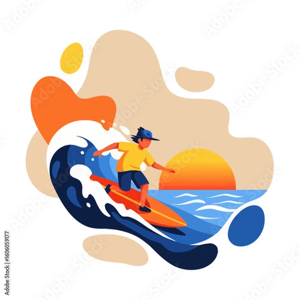 Fototapeta A vibrant illustration of a surfer riding a large blue ocean wave on an orange board during sunset.