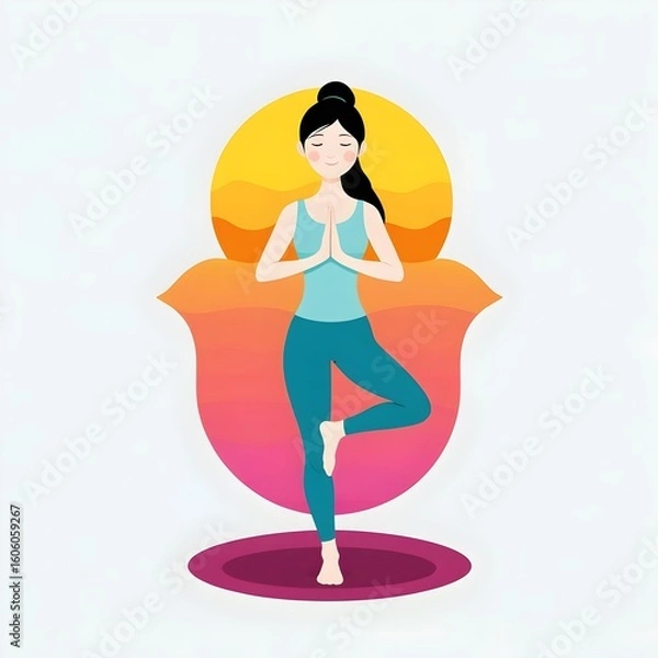 Fototapeta Minimalist Yoga Silhouette 2D Vector: Tree Pose with Gradient Sunset Fill. Meditation, Wellness Brand, or Fitness App Design. Serene, Flat Style for Commercial Use.