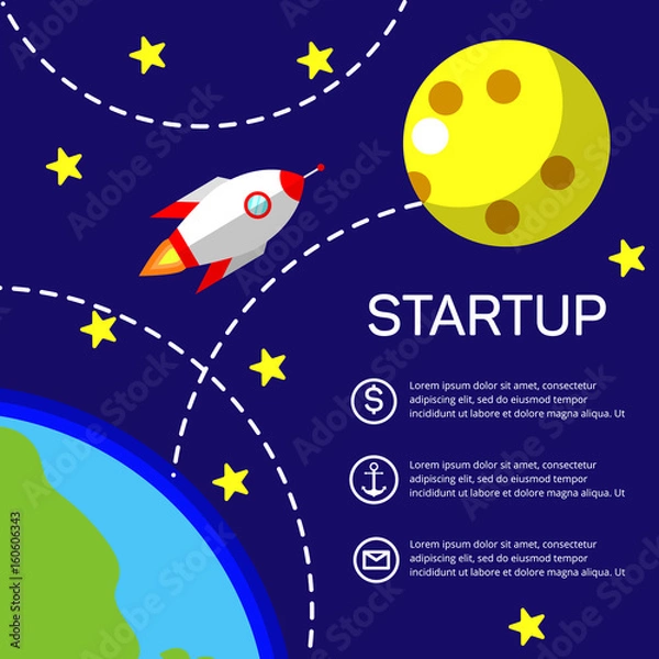 Fototapeta Business startup, new project. Flat design style modern vector illustration. Rocket flying from Earth to Moon