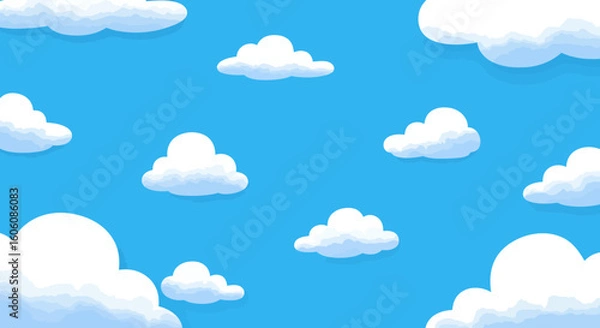 Fototapeta Cartoon illustration of fluffy white clouds floating in a clear blue sky backdrop