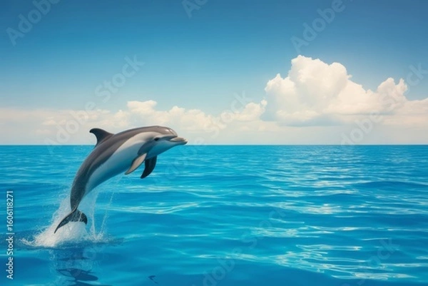 Fototapeta Dolphin Leaping Out of Turquoise Ocean Water Under a Clear Blue Sky with Fluffy White Clouds in Tropical Paradise