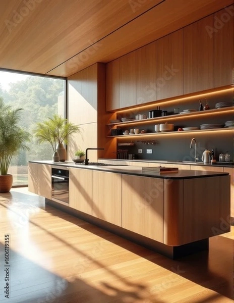Fototapeta A sleek kitchen with a long island wooden cabinetry and illuminated open shelving