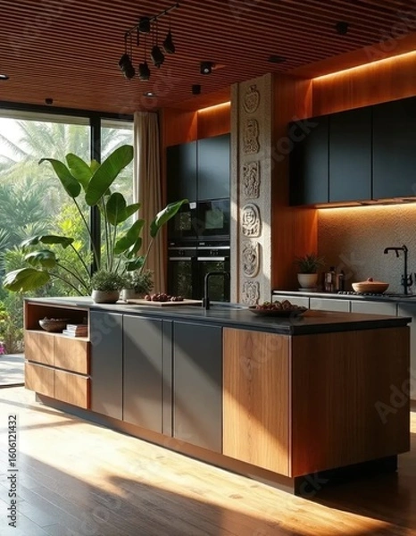 Fototapeta A modern kitchen with a carved stone column and mixed material cabinetry