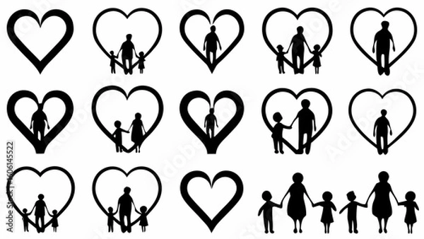 Obraz Black and white silhouettes of families and individuals inside heart shapes arranged in a grid pattern