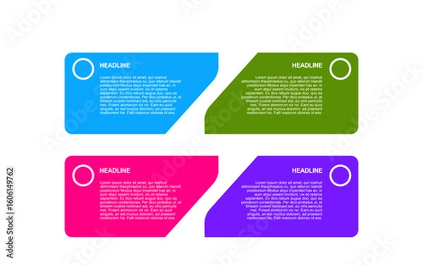Fototapeta Infographic template showcases four colorful text boxes each housing a headline and content.