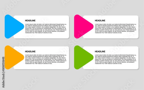 Fototapeta Infographic template shows four panels with headlines text and colorful triangle play buttons.