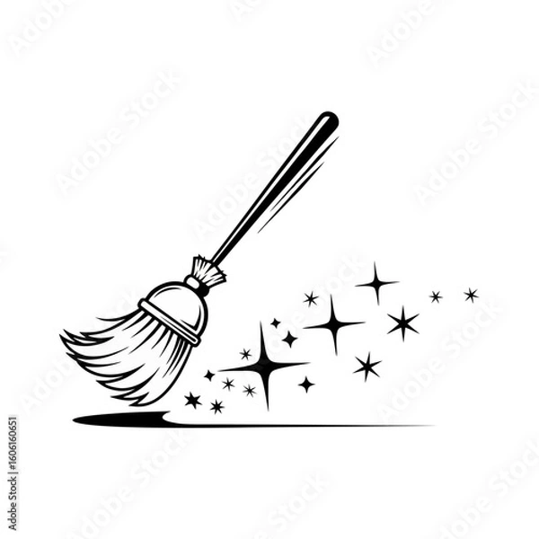 Obraz Iconic black and white illustration of a magic broom sweeping, leaving a trail of sparkles. A logo concept for a cleaning service or housekeeping.