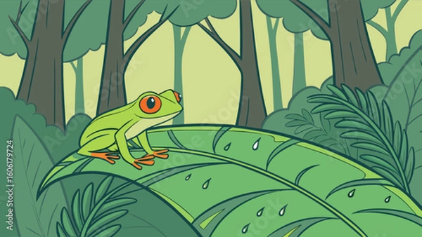 Fototapeta Red eyed tree frog illustration sitting on a leaf in the jungle rainforest wildlife amphibian drawing vector
