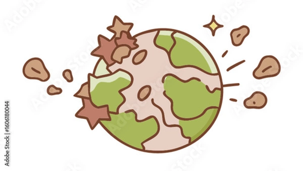 Fototapeta Cartoon earth planet destruction by asteroids illustration for science and education resources use vector