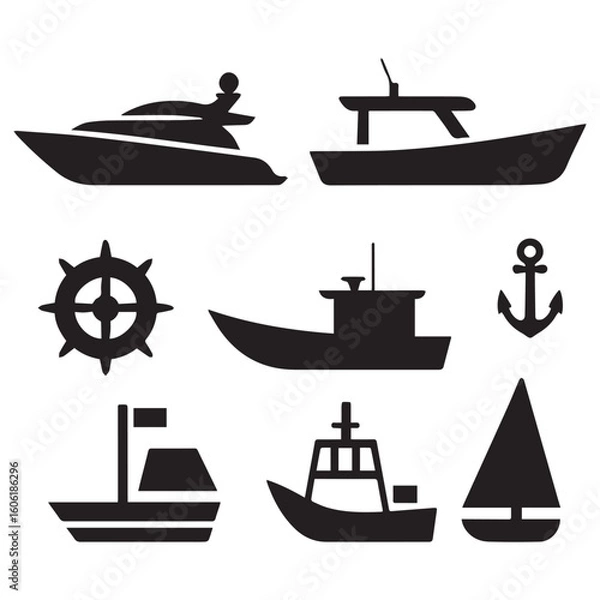 Fototapeta A vector illustration of a set of silhouette icons of various boat designs and maritime vessels. 