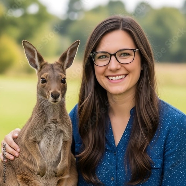 Fototapeta Woman and a kangaroo in a park setting.