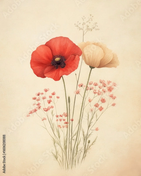 Fototapeta Two poppy flowers on vintage background