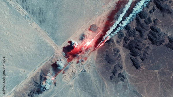 Fototapeta Aerial View of Ballistic Missile Launch in Desert Landscape with Smoke Trails