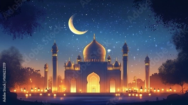 Obraz Illuminated mosque at night, under a starry sky.