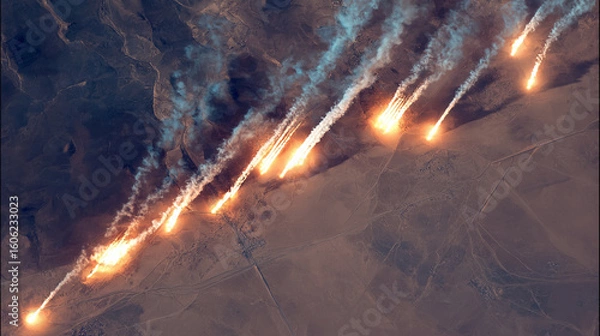 Fototapeta Aerial View of Ballistic Missile Launch with Trails over Desert Landscape