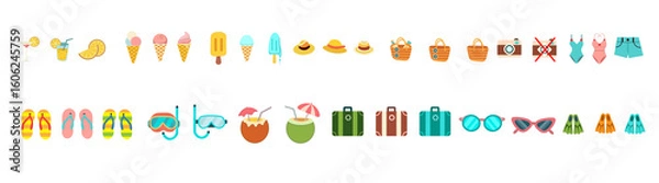 Fototapeta A collection of colorful icons for summer activities such as swimming, sunbathing, and boating.