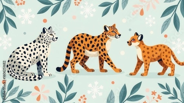 Fototapeta A whimsical winter scene featuring three elegant spotted felines amidst a delicate floral arrangement and snowflakes.