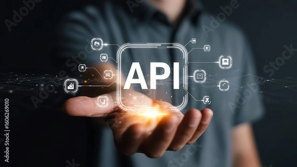 Fototapeta Man holding a glowing transparent phone displaying the word api surrounded by digital icons and network connections