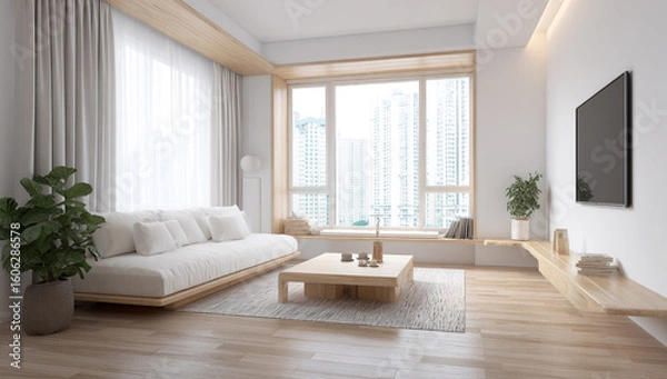 Fototapeta Modern living room interior with a sofa, coffee table, and wooden floor in a white color, featuring a minimalistic style.