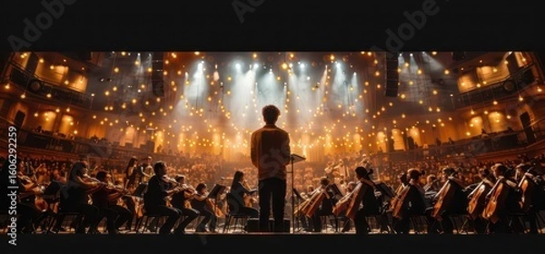 Fototapeta A conductor leads an orchestra in a grand hall illuminated by warm lights.