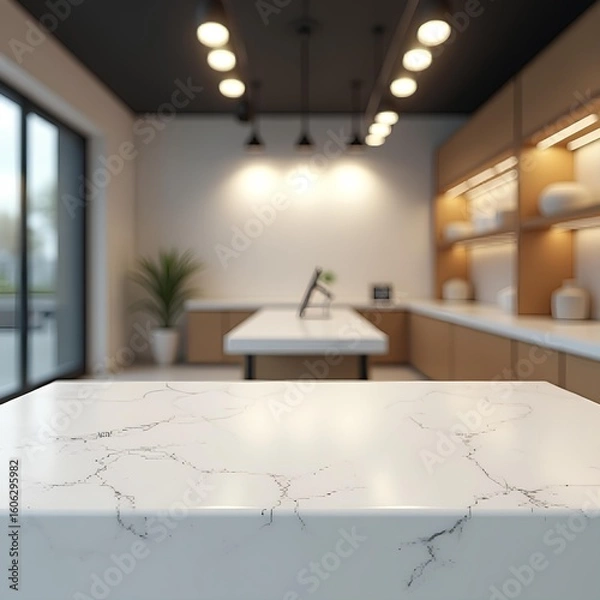 Fototapeta This image shows a modern, minimalistic kitchen or showroom interior with sleek marble countertops, warm wooden cabinetry, and soft lighting, creating an elegant and inviting atmosphere.
