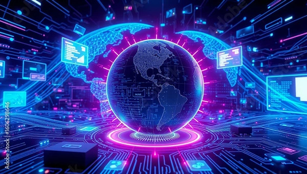 Fototapeta High-tech concept background with a digital world map, perfect for showcasing modern innovation, networking, and digital solutions.