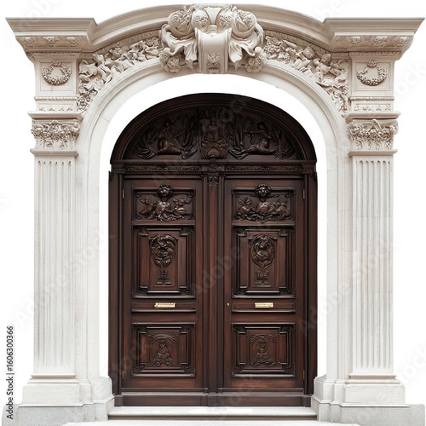 Fototapeta Elegant carved wooden door with intricate architrave and detailed sculptures in classic architectural style