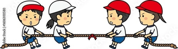 Fototapeta 運動会の綱引きをする小学生男女
