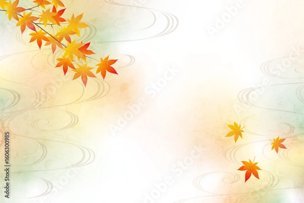 Fototapeta 秋の紅葉と波の和風背景イラスト