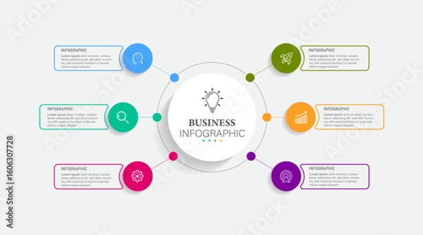 Obraz Infographic template with label, integrated circles. Business concept with 6 options. For content, diagram, flowchart, steps, parts, timeline infographics, workflow layout