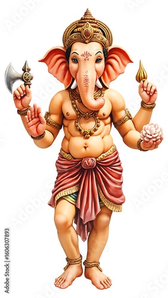 Fototapeta Watercolor Realistic Ganpati Radiant Form in Royal Aura,A Majestic Portrait of Ganpati with Lotus and Lamp, Showcasing Divine Blessings and Spiritual Grace of Ganesh ji..