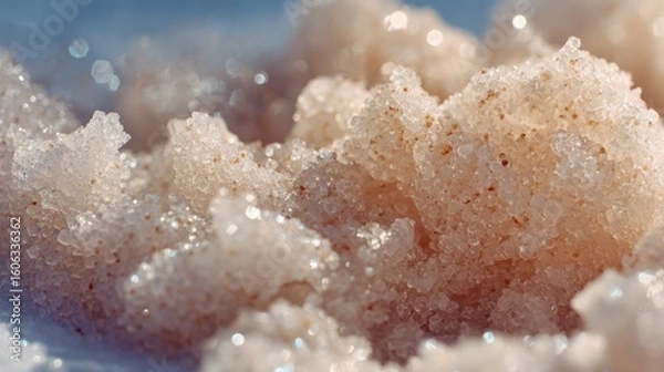 Fototapeta Close Up Macro Shot of Sparkling Pink Salt Crystals with Tiny Bubbles and Soft Defocused Blue Background