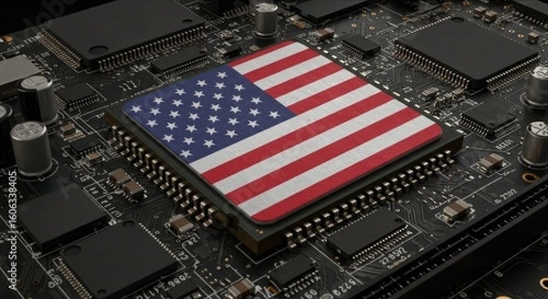 Fototapeta USA Flag on CPU Chip, Symbol of Global Chip War and Semiconductor Technology Race, Semiconductor Industry and Tech Dominance.