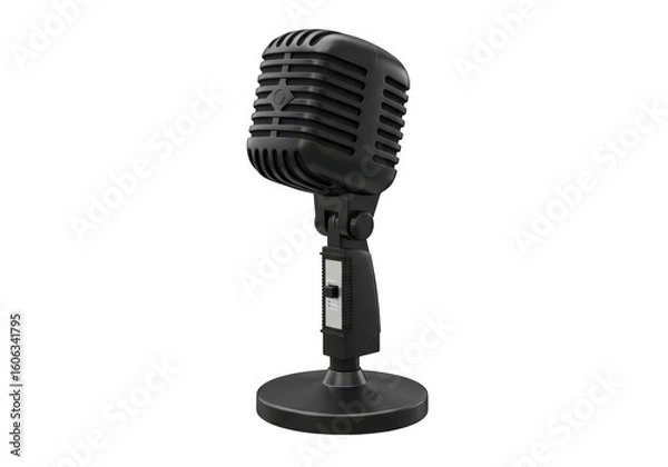 Obraz A classic black vintage microphone stands ready for recording or performance on a clean transparent background
