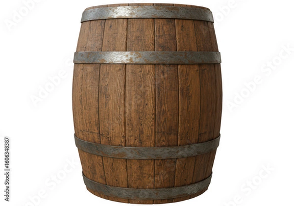Fototapeta A rustic wooden barrel with metal bands, commonly used for aging beverages like wine or whiskey isolated on transparent background
