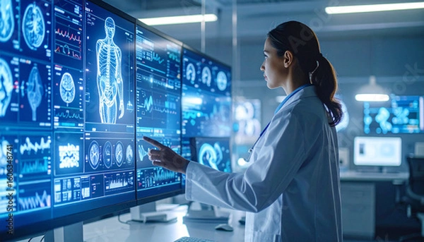 Fototapeta Medical Professional Analyzing Data: A focused medical professional in a modern research facility, meticulously analyzes intricate medical data displayed on expansive digital screens.