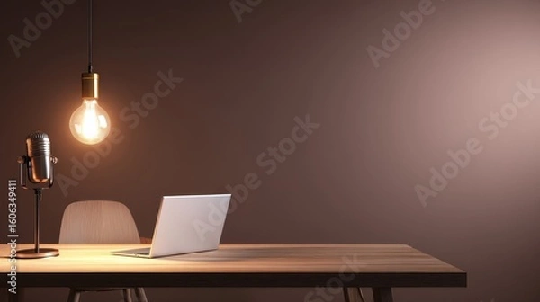Fototapeta Modern workspace featuring a laptop and microphone under warm lighting on a wooden table