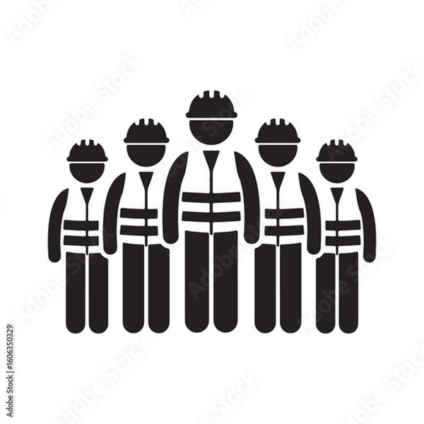 Fototapeta Team of construction workers wearing safty hats and safety vests standing together