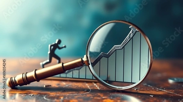 Fototapeta  A man climbing on business growth chart through a magnifying glass