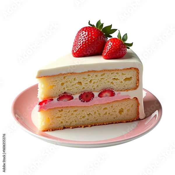 Obraz Delicious Strawberry Cake Slice Pink Frosting Layers Dessert isolated on transparent background