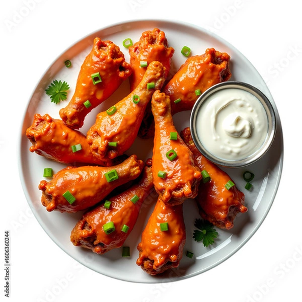 Obraz Spicy Buffalo Chicken Wings Recipe Garnish and Serving on white plate isolated on transparent background
