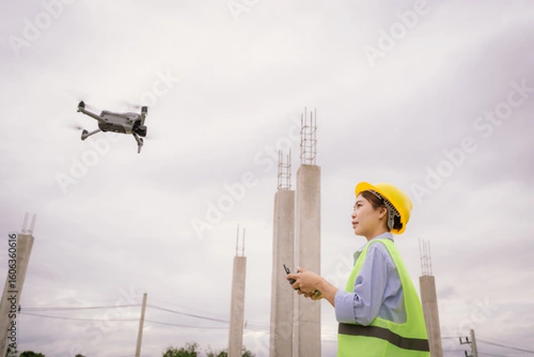 Fototapeta A female construction worker in a safety vest and hard hat operates a drone on-site, using smart technology for surveying, inspection, and monitoring in modern engineering projects.