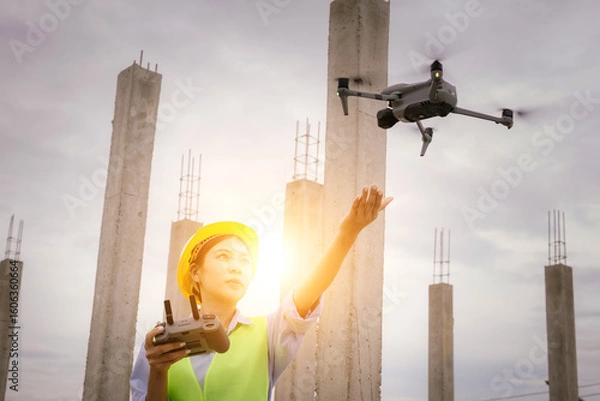 Fototapeta A female construction worker in a safety vest and hard hat operates a drone on-site, using smart technology for surveying, inspection, and monitoring in modern engineering projects.