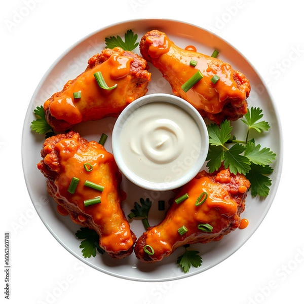 Obraz Spicy Buffalo Chicken Wings Recipe Garnish and Serving on white plate isolated on transparent background