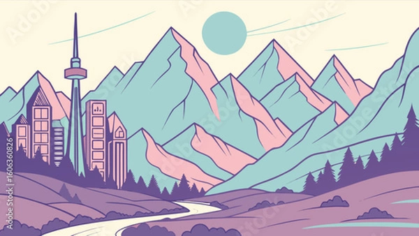 Fototapeta Pastel cityscape nestled between mountains with a winding river and a bright circular sun above