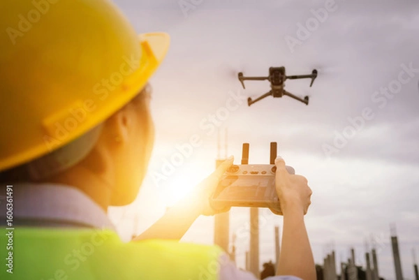 Fototapeta A female construction worker in a safety vest and hard hat operates a drone on-site, using smart technology for surveying, inspection, and monitoring in modern engineering projects.