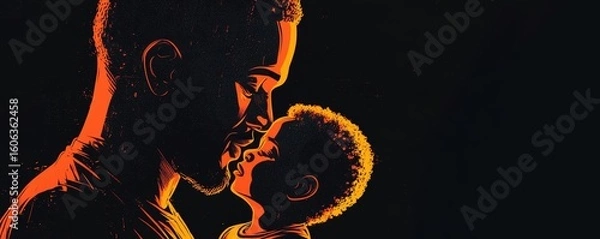 Fototapeta Illustration of an African-American father with his little son on a black background, celebrating the bond between father and child, Generative AI