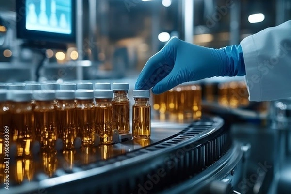 Fototapeta Pharmaceutical scientist inspecting medical vials, illustrating AI-assisted precision in mass production of medication, Generative AI