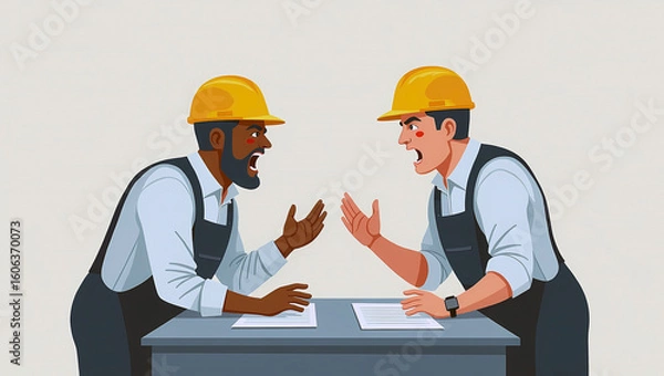 Fototapeta Conflict in the workplace,  employee arguing and fighting, conflict and angry office worker, argument or disagreement vector illustration. Colleagues having debate or misunderstanding